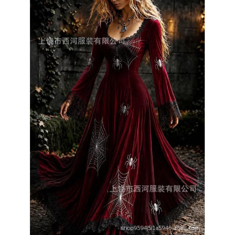 Abito da donna vintage gotico con teschio e rosa, motivo a gradiente, vestito lungo di Halloween con motivo a gradiente