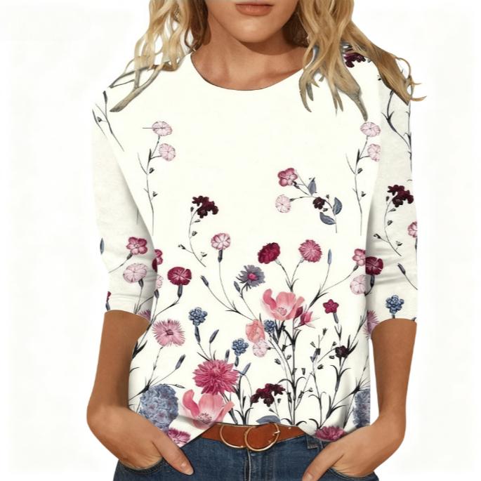 Spring and Autumn Round Neck 3D Flower Pattern Printed Top Fashionable Casual Elegant Long Sleeved Women's T-shirts