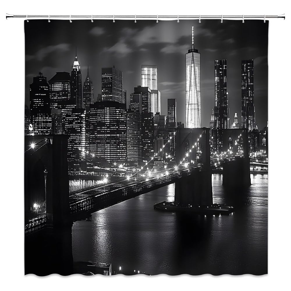 Cityscape Shower Curtain, Modern Skyscraper Skyline Famous Building Bathroom Curtain Waterproof Fabric Shower Curtain With Hooks