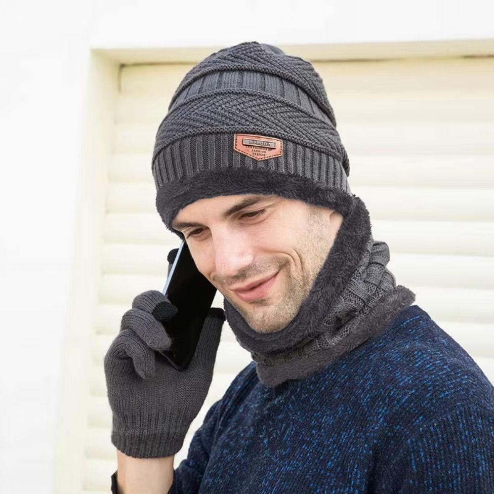 4pcs/set Soft Winter Beanie Hat Scarf Set Thicken Fleece Lined Thermal Knitted Gloves Thermal Protection Cap Warm Wool Hat