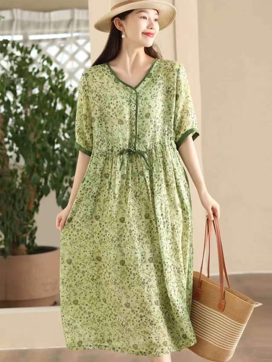 

Женское винтажное платье с цветочным принтом Johnature, высококачественное летнее платье А-силуэта с V-образным вырезом и короткими рукавами и высокой талией One Size зелёный