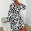 Women's Spring Autumn V Neck Long Sleeve Lace Up Printed High Waist A Line Dress