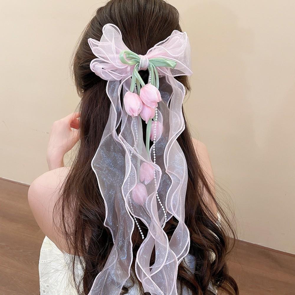Pendant Tassel Muguet Flower Hairpin Mesh Ribbon Organza Bowknot Barrette  Bridesmaids