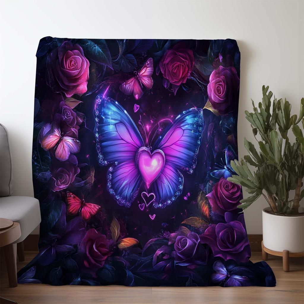 1pc Enchanting Love Heart & Purple Butterfly Print Flannel Blanket - Soft, Warm, and Cozy for Sofa, Bed, Car, Office, Camping, a