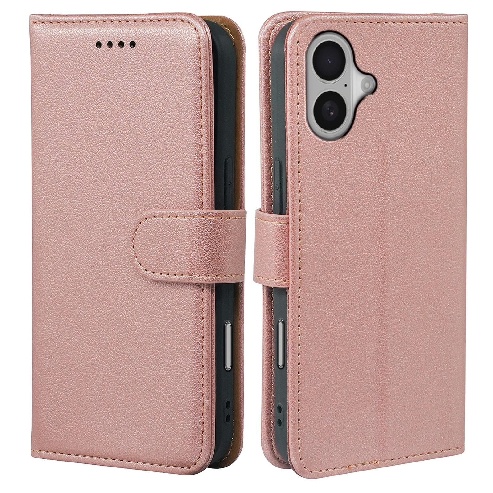 

For iPhone 17 Case RFID Blocking Wallet Litchi Texture Leather Phone Cover Magnetic Clasp Rose Gold