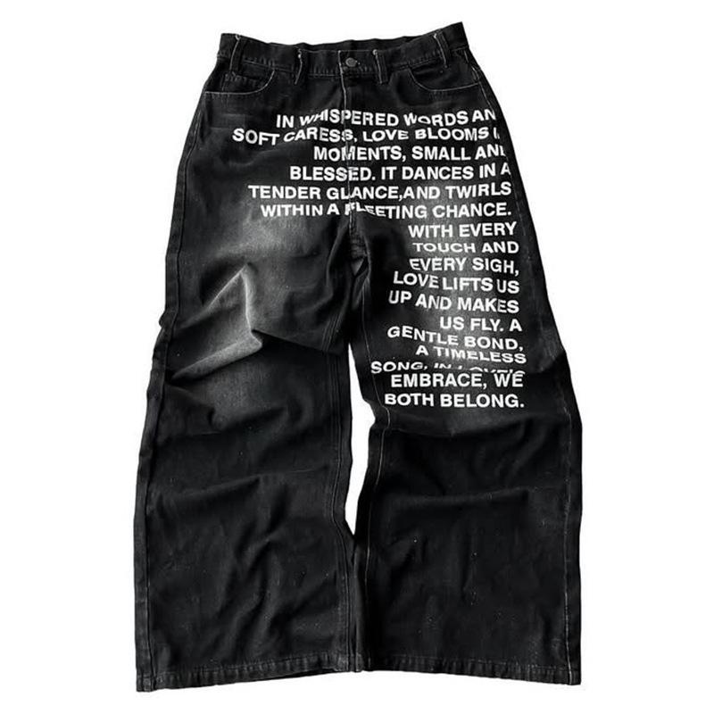 Pantalones vaqueros anchos para hombre con estampado de letras retro americano y lavado