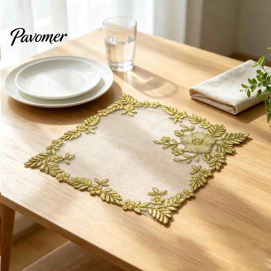 Elegant Kitchen Table Accessories Square Lace Placemat for Dining Table, Embroidered Mesh Heat Resistant Tabletop Protection Pads Mat, Retro