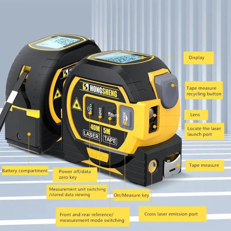 Laser Tape Measure 3In1 Digital Tape Measure 40/60M High Infrared Precision Rangefinder Steel Measuring with Large Display Tool
