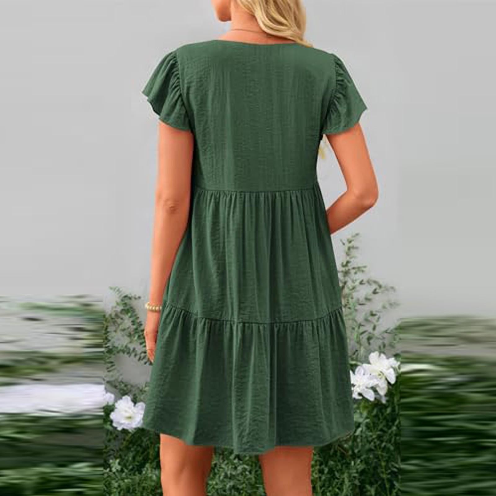 Женские летние повседневные однотонные платья с короткими рукавами и V-образным вырезом — фото 5