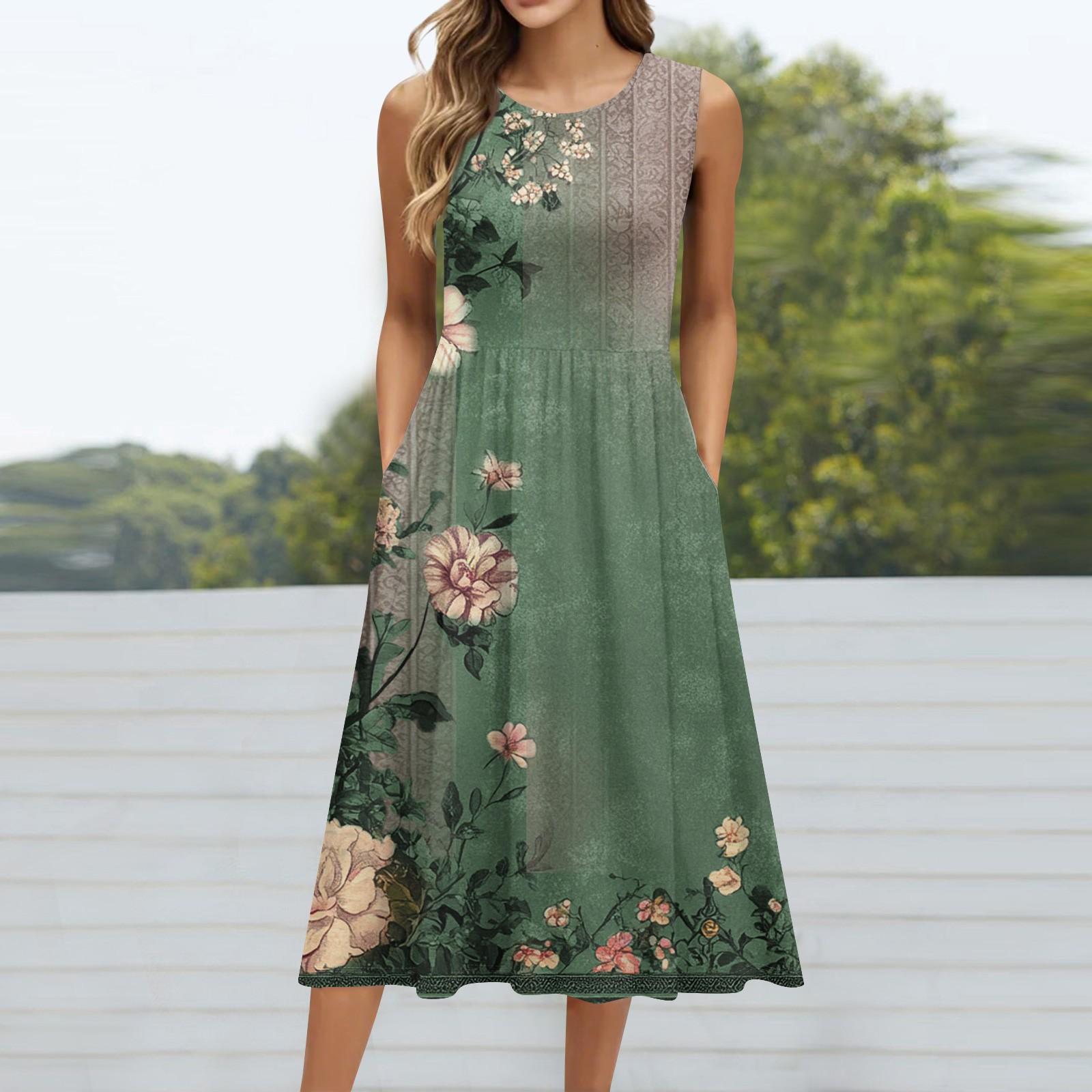 

Женское модное платье средней длины с круглым вырезом и принтом без рукавов XXXL