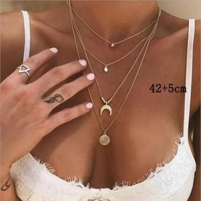Vintage Personalized Multi Layered Moon Circle Pendant Necklace, Popular Fashion Decoration In Europe and America
