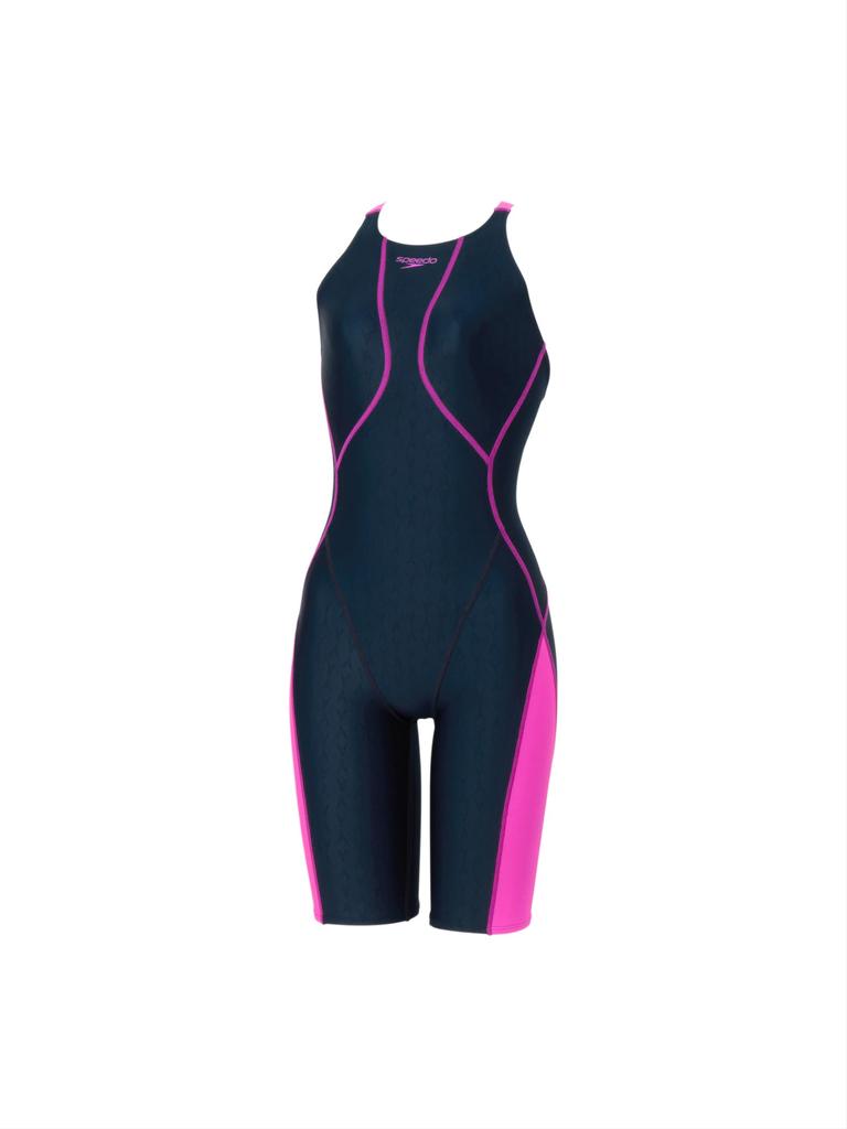 Costum de baie Speedo Flex Sigma New Junior cu Spate Deschis și Lung până la Genunchi, Mărime Competiție 130, Bleumarin/Roz,