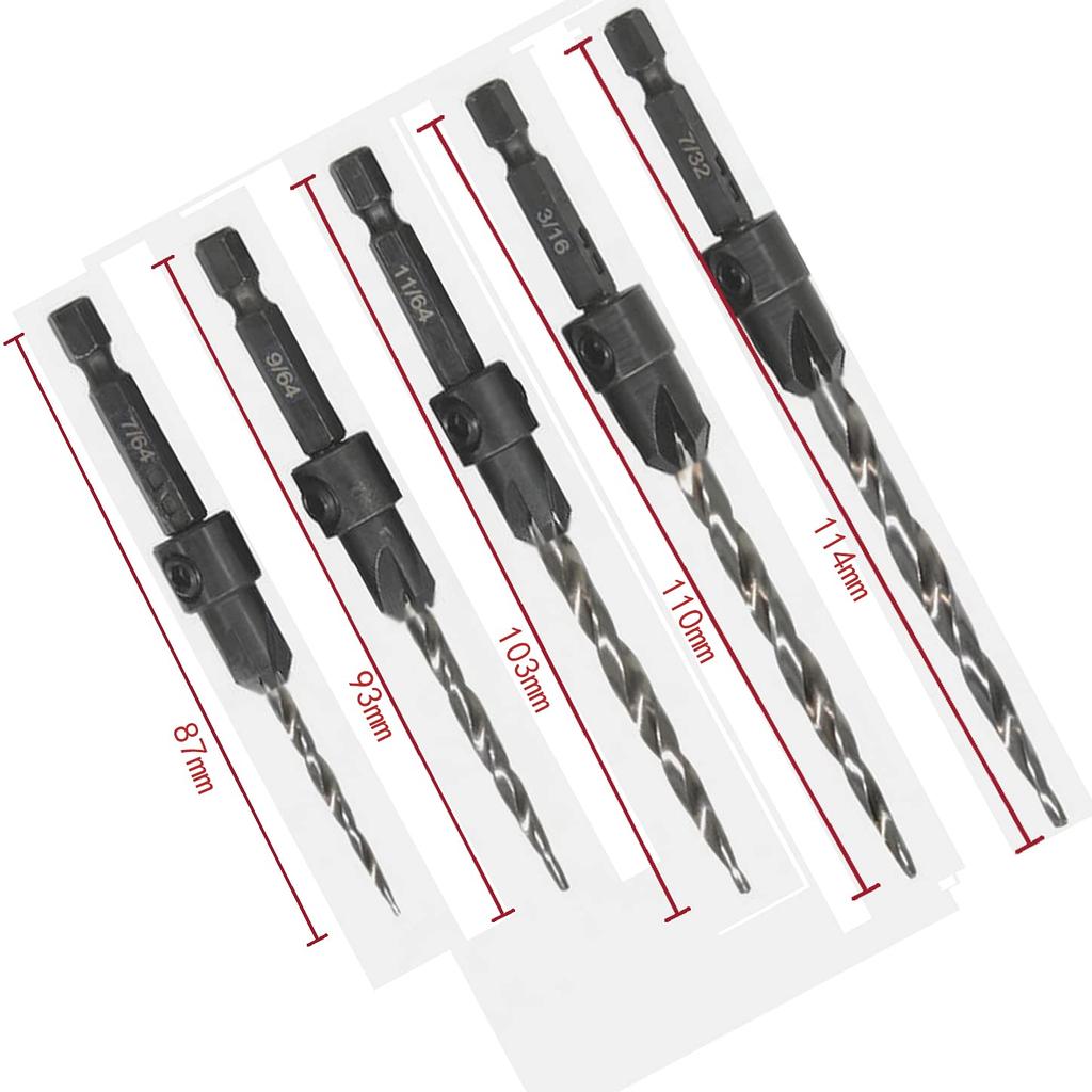 Wolfride Woodworking Drill Bit Countersink Drill Hex Countersink Drill HSS Drill Hole Chamfer DIY Includes Wrench 5-Piece Set, Bit, Shank, Set, Bits,