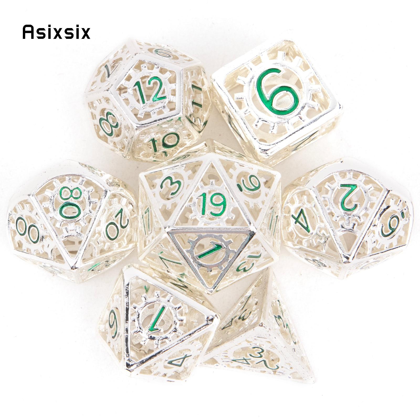 

7 шт., белый, зеленый, зубчатое колесо, металлические кубики, набор полых металлических многогранных кубиков, подходит для ролевой игры, настольной игры, карточной игры VariantValue