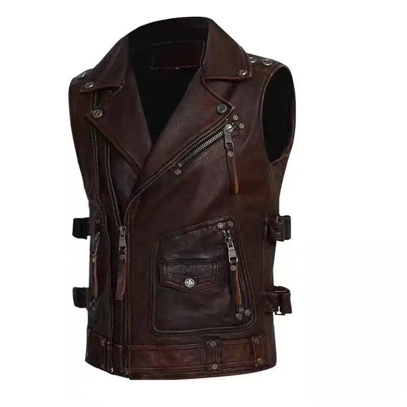 Motorkárska vesta čínskej veľkosti Vrchná vrstva hovädzej kože Vesta Pánske tenké krátke oblečenie na motorku Jazdecká bunda bez rukávov Originálna kravská klubová vesta
