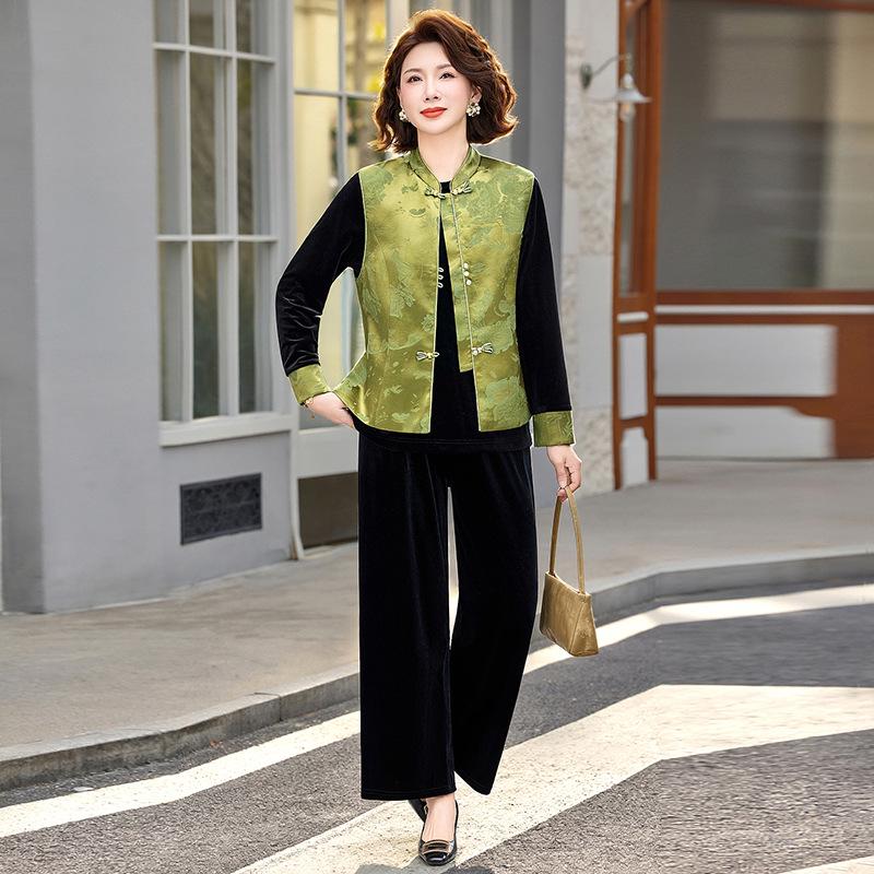 Stylish Spring Three-Piece Set: Chinese-Style Vest, Inner Top, and Pants for Middle-Aged and Elderly Women
