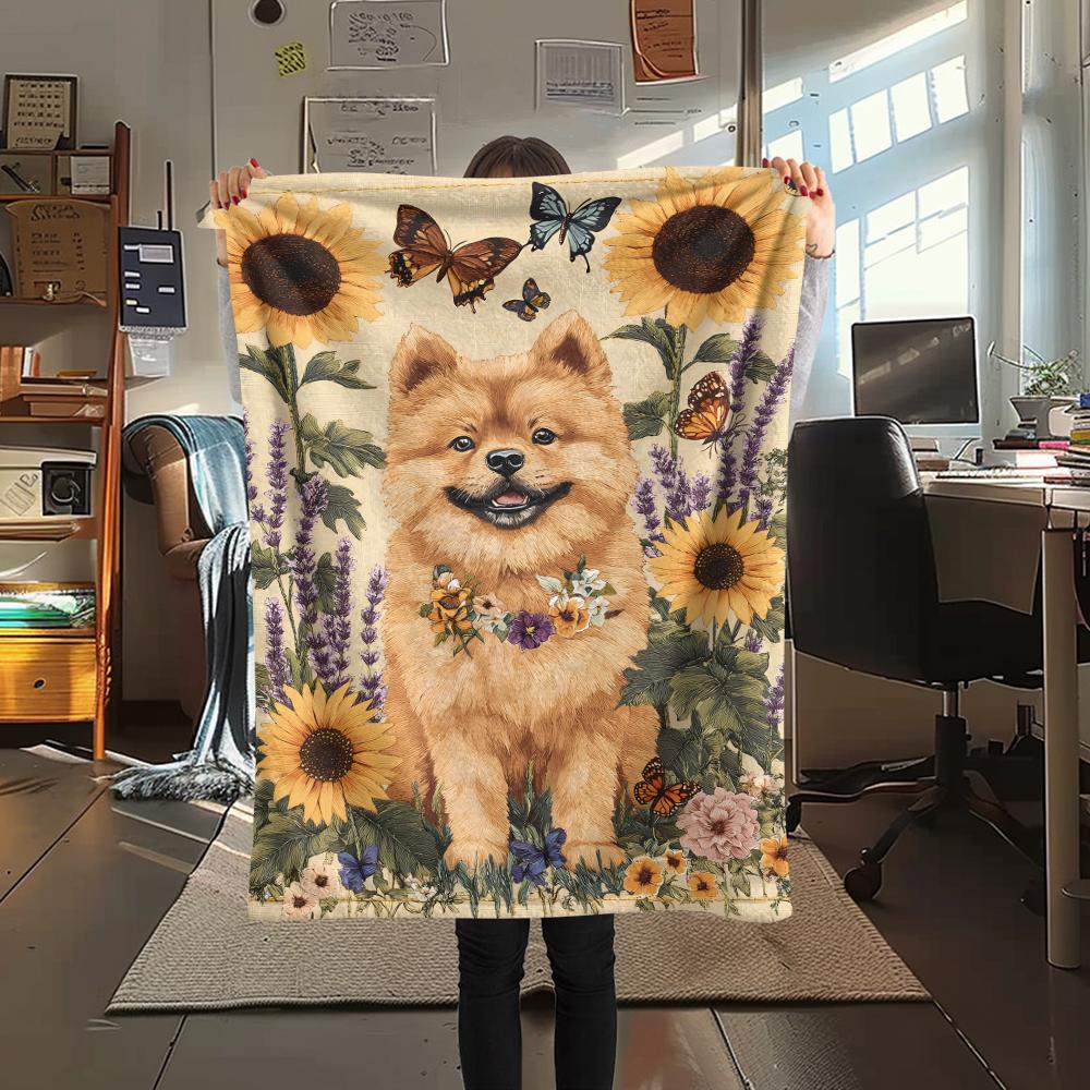 1 Stück Hunde- und Sonnenblumen-Print Flanelldecke, Hohe Qualität, Bequem für alle Jahreszeiten, Heimdekoration, Wärme und Komfort, Perfekt für Weihnachtsgeschenke
