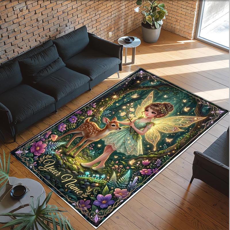 Forest Theme Crystal Velvet Floor Rug Personalized Custom Name Text Warm Carpet Home Decoration