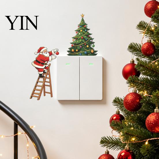 Decorative Christmas Decals Santa Claus Light Switch Sticker, Waterproof PVC Decal, Self Adhesive Wall Art Decor for Home Living Room Bedroom Kitchen