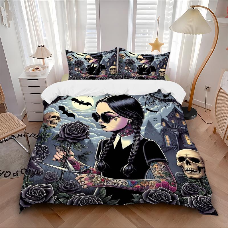 3pcs Addams Dark Rose Printed Bedding Set, Soft and Comfortable Quilt Cover for Bedroom, Guest Room H001