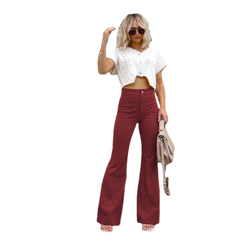 Women's Winter High Waisted Flared Corduroy Pants Solid Color Elegant Stretchy Slim Fit Casual Warm Full Length Bell Bottom Trousers