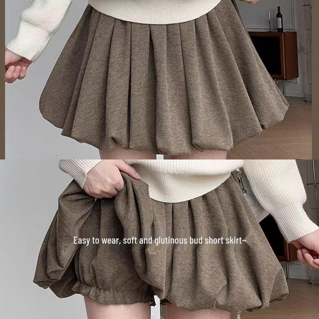 Coffee Glutinous Rice Color Pleated A-Line High-Waist Skirt - Women's Autumn/Winter Anti-Exposure Slimming Skirt.