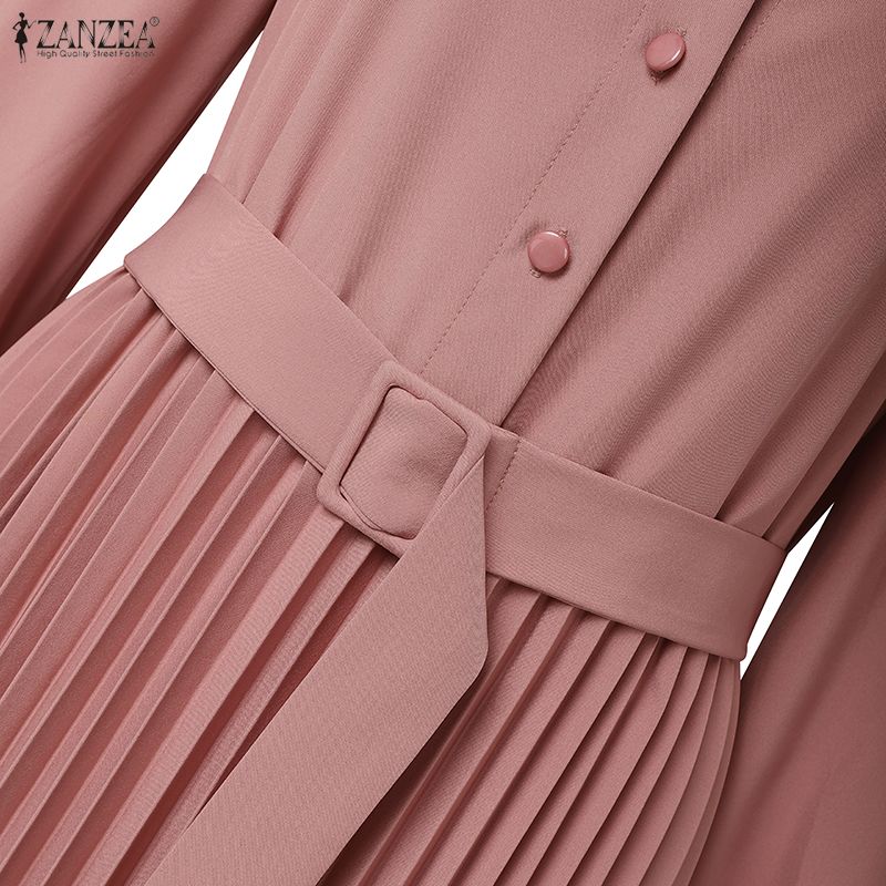 ZANZEA Women Casual Turn Down Collar Loose Long Sleeve Pleated Dress