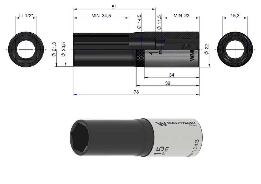 Hex Socket 1/2". 15 Mm. Long. Crv50Bv30. Din 3124. Waryński