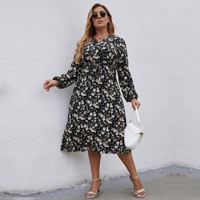 Women Chic A Line Dress High Waist Slim Fit V Neck Long Sleeve Printed Lace Up New Autumn Winter XL 5XL