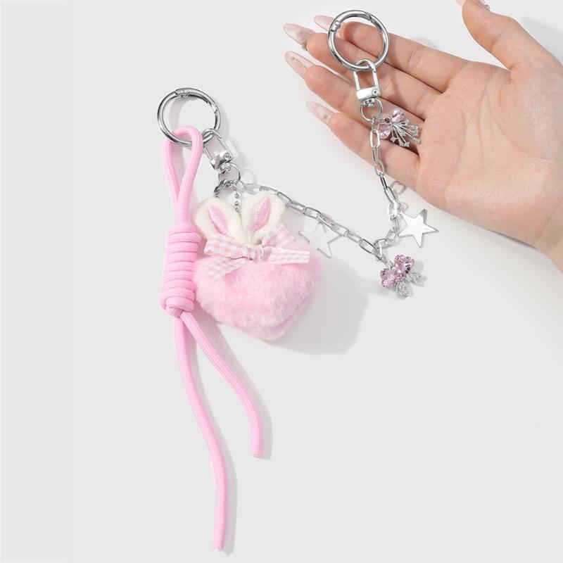 Fashion Bows Keyring Creative Car Key Chain Plush Pompoms Keychain Heart Keyrings Bag Pendant Ornaments Bag Charm