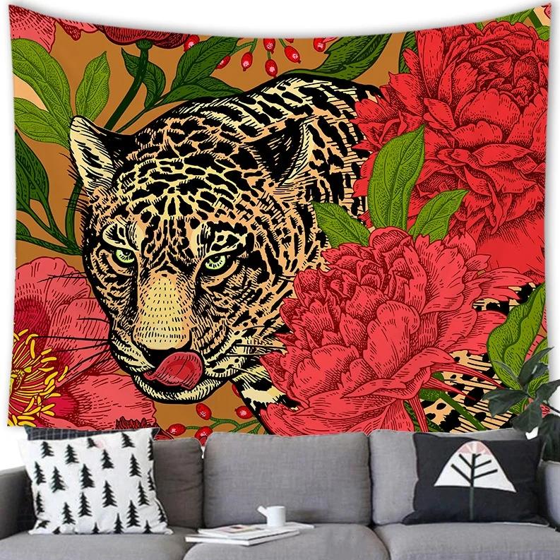 Home Decor Floral Tropical Jungle Fauna and Plant Leaves Tree Retro Style Tapestry Wall Hanging Room Poster Background Fabric