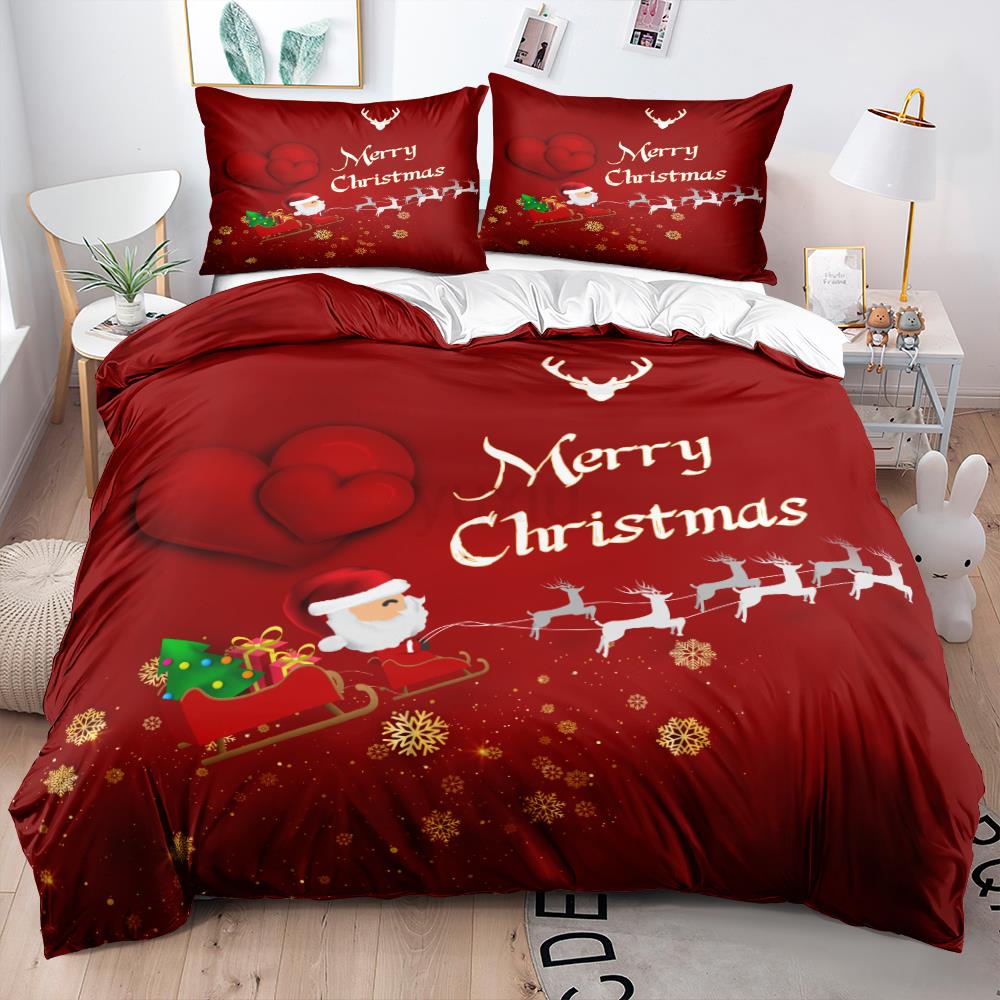 3D Christmas King Queen Duvet Cover Set Kids Cartoon Merry Christmas Red Quilt Cover 2/3pcs Polyester Beddings Set Single Double