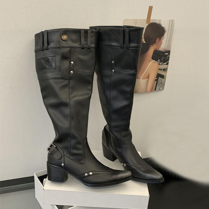 Fashion Fashion Buckle Women Knee High Western Boots With Heels Shoes Female Pointed Toe Footwear Modern Ladies Long Booties Pumps Shoes