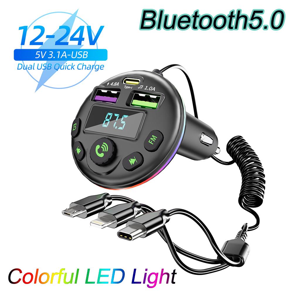 Car Bluetooth 5.0 FM Transmitter Handsfree Audio Receiver MP3 Modulator Player with 3 In 1 Charge Cable for IPhone Huawei Xiaomi