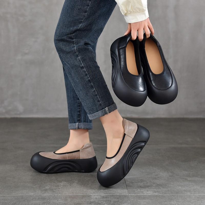 Johnature Retro-Schuhe aus echtem Leder, flache Plateauschuhe, runde Zehenpartie, dicke Sohle, lässige Damen-Schlupfschuhe