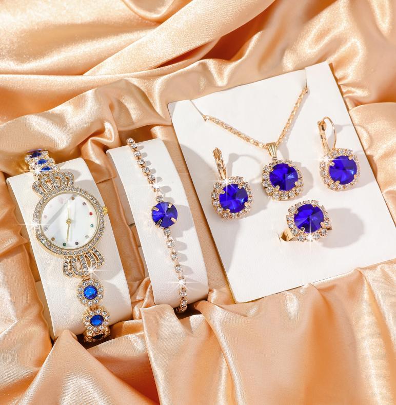 

Без подарочной коробки, маленький и модный дизайн, универсальный темперамент, набор бриллиантовых украшений для женщин, 5 штук. синий