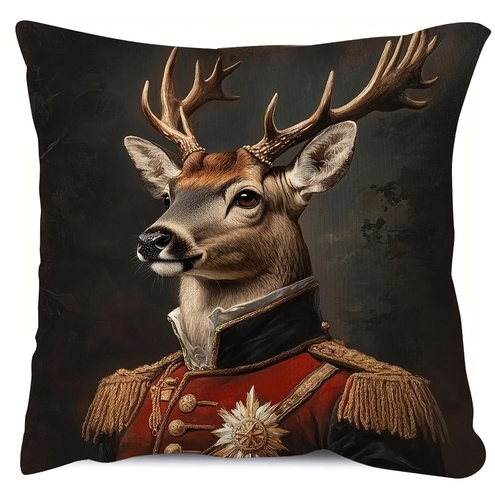 Double Sided Vintage Deer In Military Uniform Portrait Soft Throw Pillow Cover for Bed Sofa and Lounge Chair Home Decoration