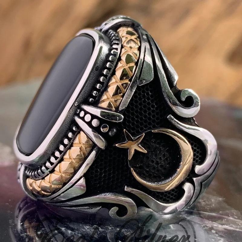 Vintage Handmade Turkish Mysterious Totem Star Moon Ring For Men Ancient Copper Color Black Zircon Ring Trendy Muslim Jewelry