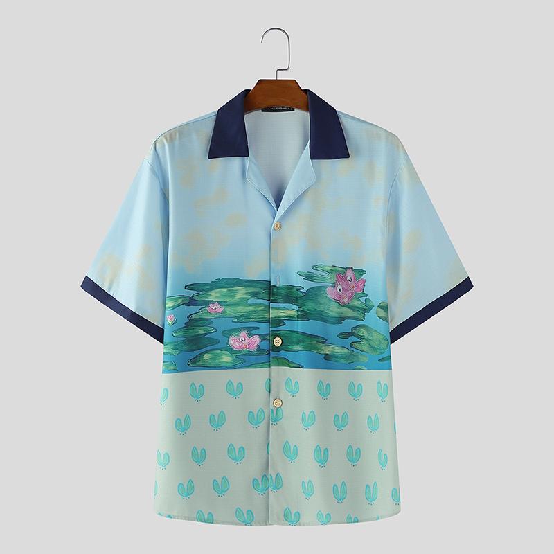 

INCERUN Oversized Men Lapel Neck Short Sleeve Stitching Printing Casual Loose Shirts 5XL синий