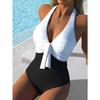 Sexy White Black Patchwork One Piece Swimsuit Women Front Bow V Neck Tummy Control Swimwear Large Size Beach Bathing Suit