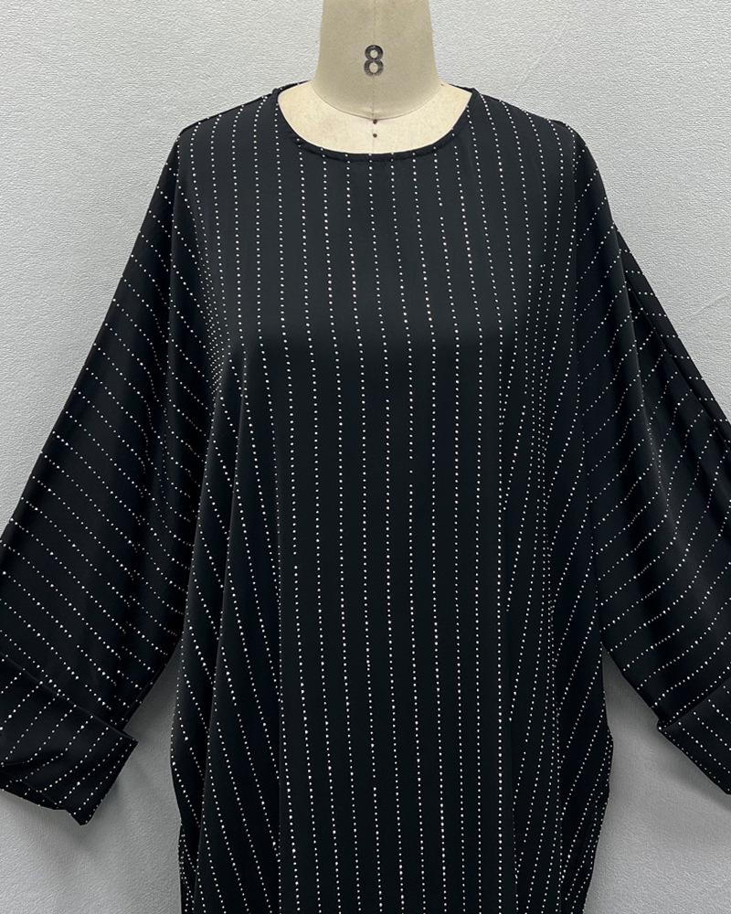 F479 Rhinestone Loose Long Dress with Striped Batwing Sleeves - Fashionable Women's Outerwear