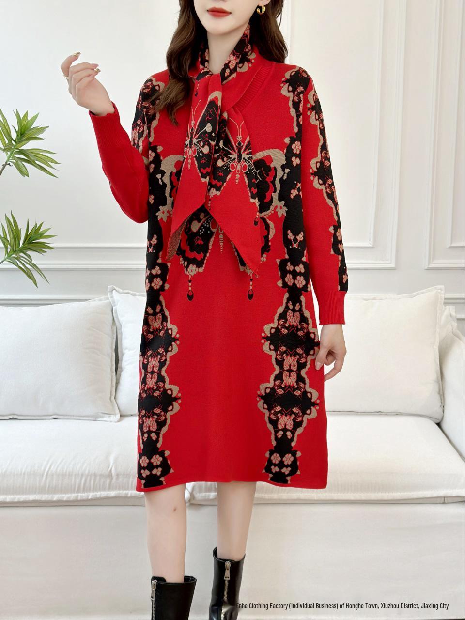 

Mom s Stylish Mid-Length Knitwear Dress with Wide-Leg Pants for a Youthful Look - 2025 Spring/Autumn Collection One Size червоний