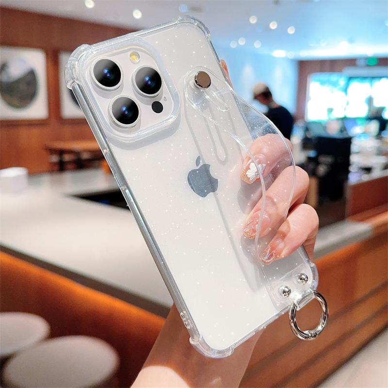 Luxury Glitter Transparent Wrist Strap Case For iPhone 11 12 13 14 15 16 Pro Max XR X XS 7 8 Plus Silicone Soft Shockproof Cover