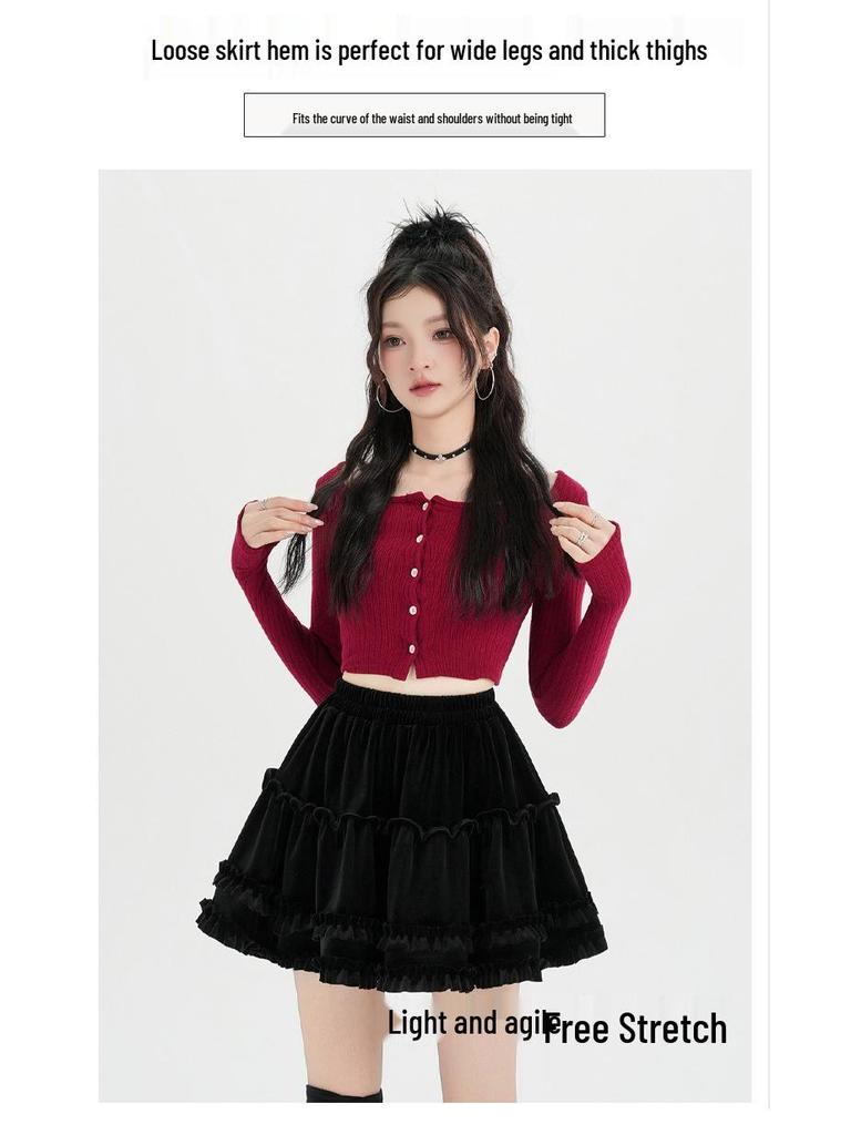 High-Waist Velvet A-Line Fluffy Skirt for Women - Autumn/Winter Collection