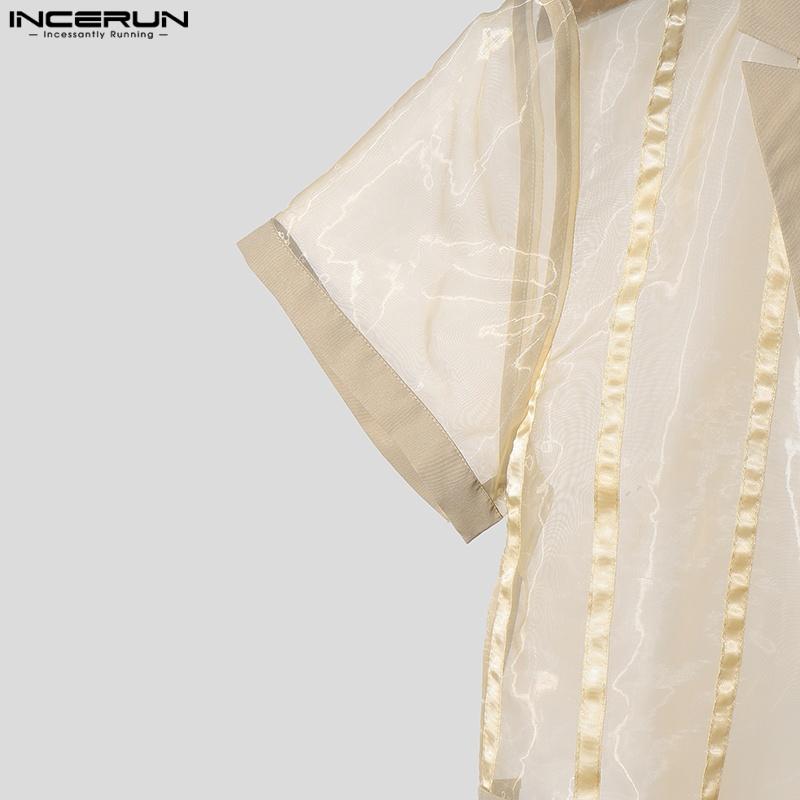 INCERUN Men Summer Deep V Striped Stitching See Through Mesh Sheer One Button Shirts
