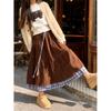 Plus Size Women's Spring Autumn High Waist Brown Corduroy A-Line Plaid Patchwork Mid-Length Skirt