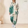 Women Plus Size Pink Printed Nurse Scrub Set V Neck Long Sleeve Pocket Top And Long Pants