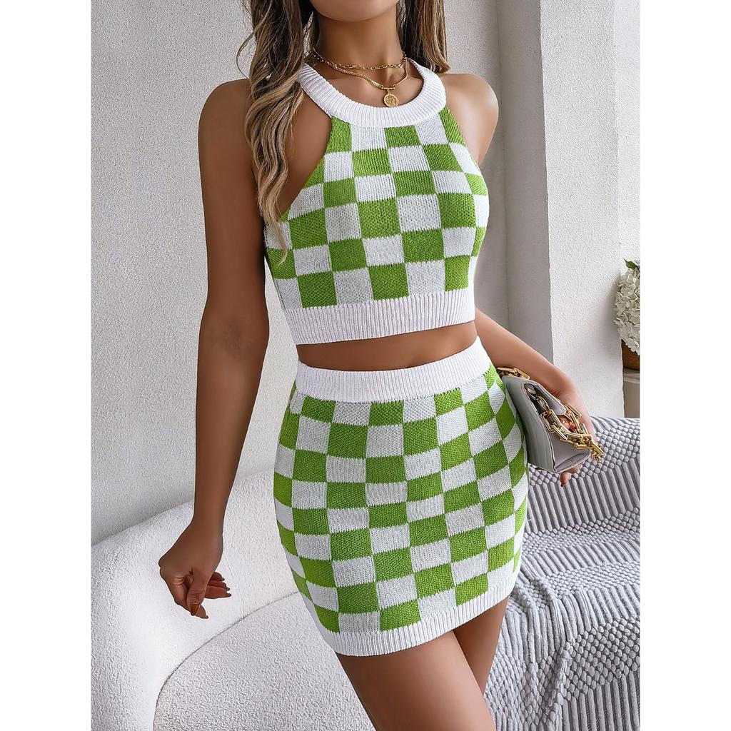 HNXC Spring Summer Color-blocking Checkered Crop Top, Hip-hugging Skirt, Knitted Suit Women's Wear