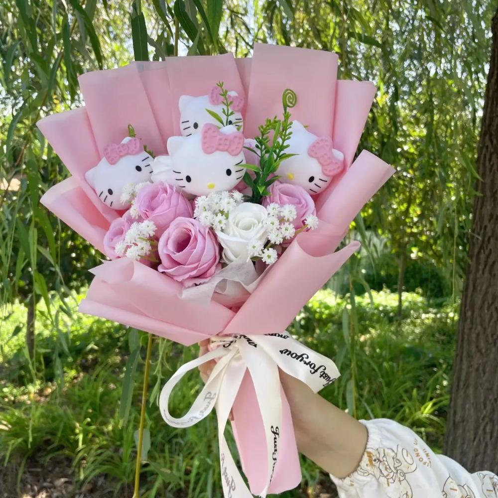 Bambole Gatto Kawaii Hello Kitty con Fiori Artificiali Bouquet Creativo Regali di Natale San Valentino Compleanno Laurea