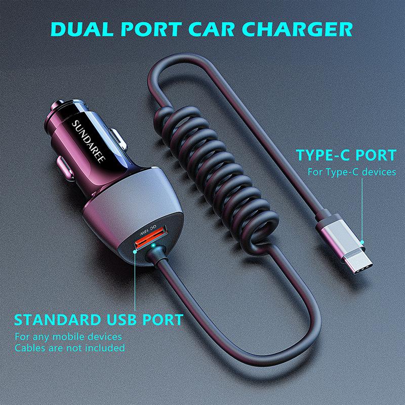 48W USB Fast Car Charger Stretch Cable Adapter for IPhone 12 11 14 15 Samsung Galaxy Android Type-c Car Charger